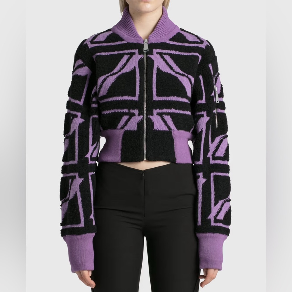 Welldone pile knit bouclé geometric wool blend purple sweater bomber jacket Sz S